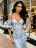 Blue Puffy Sleeve Mesh Trumpet Mermaid Lace Prom Dress