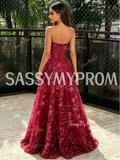 Burgundy Sweetheart Lace A-Line Tulle Prom Dress