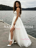 Tulle A Line Appliques Spaghetti Straps Wedding Dress With Slit
