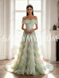 Tulle Sequin Off The Shoulder Light Green A Line Prom Dress