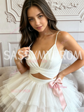 Spaghetti Strap White Tulle A-Line Homecoming Dress With Bow