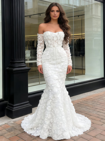 Lace Off The Shoulder Trumpet White Long Sleeve Prom Dress