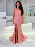 One Shoulder Pink Satin Trumpet Mermaid Prom Dress With Slit