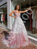 Silver Pink Tulle Sparkle Pink V Neck Ombre A Line Prom Dress