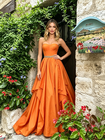 Orange Strapless Satin Ruffles Beading A Line Prom Dress Sassymyprom Orange Strapless Satin Ruffles Beading A Line Prom Dress Sassymyprom