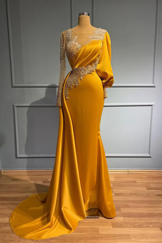 Long Sleeve Trumpet Mermaid Satin Gold Scoop Beading Prom Dress