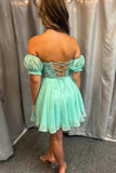 Mint Green Off Shoulder Puffy Sleeves Homecoming Dress