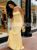 Shawl Yellow Trumpet Mermaid Strapless Satin Prom Dress