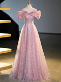Off the Shoulder Pink Sequin Sparkle Prom Dress