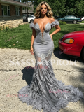 Gray Off The Shouler Feather Trumpet Mermaid Appliques Prom Dress