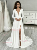 Spandex V Neck A Line Long Sleeve Wedding Dress