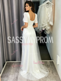 Square Short Sleeve A-Line Satin Tulle Wedding Dress With Slit