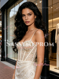 Spaghetti Straps Trumpet Mermaid Beading Champagne Prom Dress