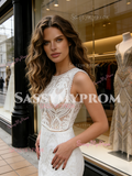 Jewel Trumpet Mermaid Lace Sweep Train Wedding Dress