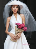 Satin Belt Backless A Line V Neck Wedding Dress