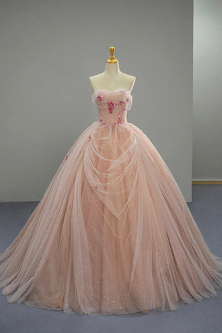Strapless Pink A-Line Tulle Flower Prom Dress