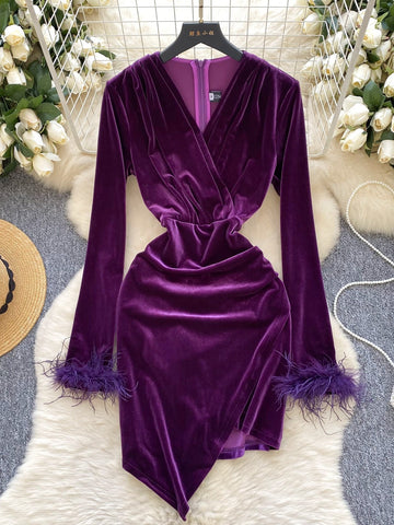 Green Unique Feather Cuff Velvet Long-Sleeve Dress 2XL / Green Green Unique Feather Cuff Velvet Long-Sleeve Dress 2XL / Green