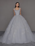 Square Neck Flower Tulle A Line Wedding Dress