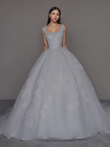 Square Neck Flower Tulle A Line Wedding Dress