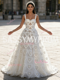 Straps Tulle A Line Heart Pearls White Square Prom Dress