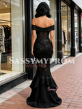 Off The Shoulder Black Beading Ruffles Mermaid Prom Dress
