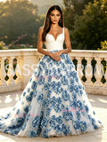 V Neck White Satin Tulle 3D Rose Prom Dress