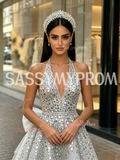 A Line Sequin Beading Silver V Neck Beading Tulle Prom Dress With Bow