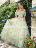 Off The Shoulder Green Tulle Floral Prom Dress