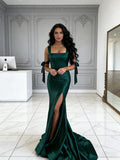 Dark Green Satin Trumpet Mermaid Tie Shoulder Prom Dress With Slit