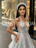 A Line Sequin Beading Silver V Neck Beading Tulle Prom Dress With Bow