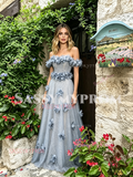 Blue Off The Shoulder Tulle Flowers A Line Prom Dress