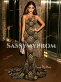 Cut Out Trumpet Mermaid Yellow One Shoulder Beading Black Prom Dress