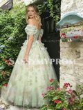 Off The Shoulder Green Tulle Floral Prom Dress