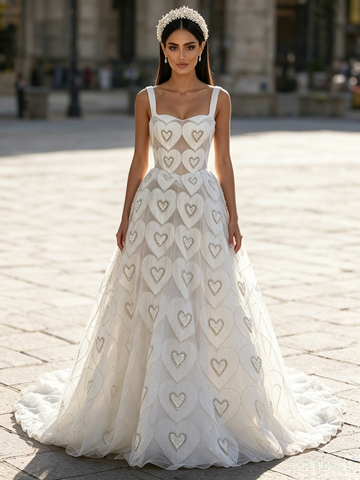 Straps Tulle A Line Heart Pearls White Square Prom Dress