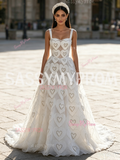 Straps Tulle A Line Heart Pearls White Square Prom Dress