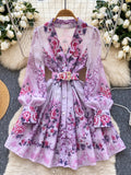 Puffed Sleeves Purple Floral Jacquard Dress