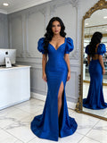Royal Blue Trumpet Mermaid Puffy Sleeve Satin Prom Dress