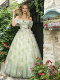 Off The Shoulder Green Tulle Floral Prom Dress