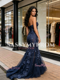 Navy Blue Trumpet Mermaid Lace Sweetheart Prom Dress
