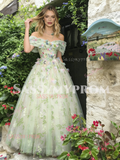 Off The Shoulder Green Tulle Floral Prom Dress
