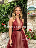Halter Burgundy A Line Tulle Backless Prom Dress