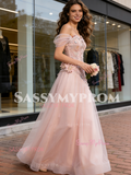 Off The Shoulder Pink Tulle Flowers A Line Wedding Dress
