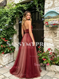 Halter Burgundy A Line Tulle Backless Prom Dress