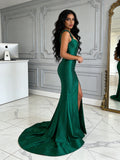 Trumpet Mermaid Green Satin Straps Prom Dress With Slit