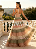 V Neck Layered Brown Green Tulle A Line Prom Dress