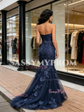 Navy Blue Trumpet Mermaid Lace Sweetheart Prom Dress