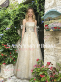Champagne Tulle Off The Shoulder Tie Straps A Line Prom Dress
