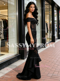 Off The Shoulder Black Beading Ruffles Mermaid Prom Dress