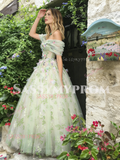 Off The Shoulder Green Tulle Floral Prom Dress