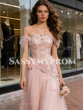 Off The Shoulder Pink Tulle Flowers A Line Wedding Dress